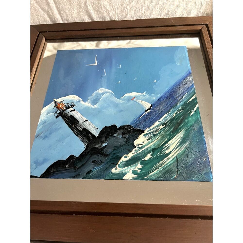 RARE 1996 Lighthouse Scene Painted on Mirror Signed Art Piece by Tom Dunham - Picture 7 of 9